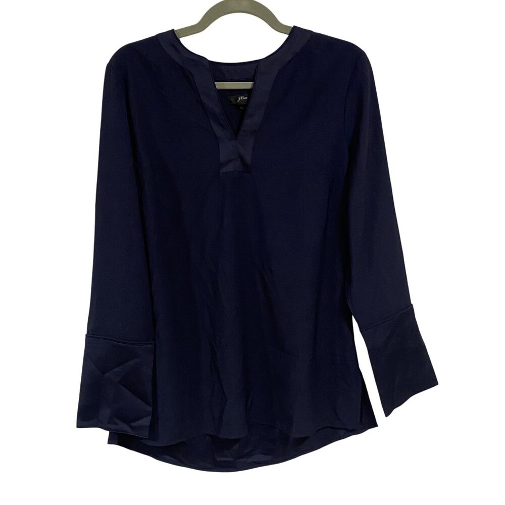 J. Crew Navy Blue Tunic V-Neck‎ Satin Backed Blouse Size S